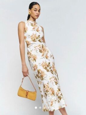 Reformation White Linen Floral Midi Dress with Yellow Bouquet Print